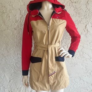 TOMMY HILFIGER Jacket Hooded Zip Front Raincoat Colorblock Logo Size XS